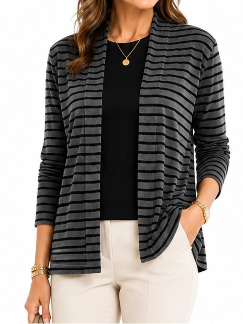 TALBOTS TAILORED PLUSH VELOUR GRAY AND BLACK STRIPPED CARDIGAN SZ SM